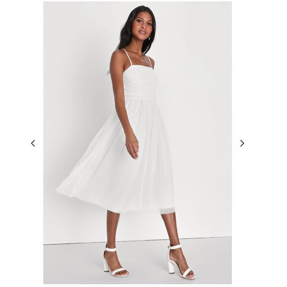 Lulus Darling Sweetheart White Swiss Dot Ruched Midi Dress - Size S - Picture 3 of 5